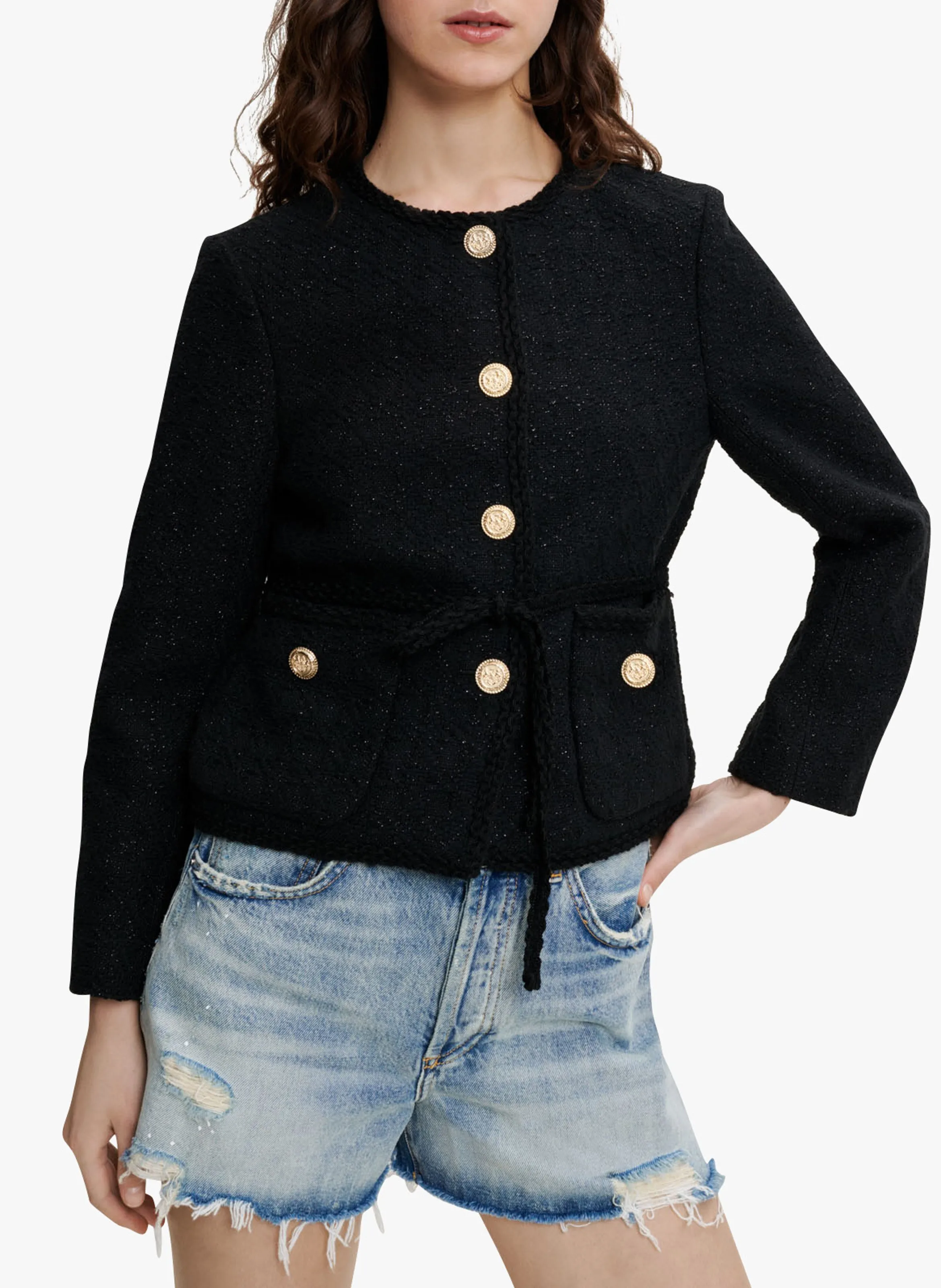 Chaqueta recta de tweed en negro