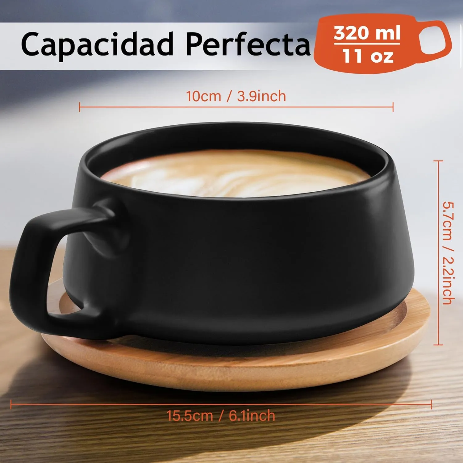 MIAMIO - 4 x 320 ml tazas de café/juego de taza y platillo/elegantes y modernas tazas de café en cerámica gres – Juego de 4 pzas