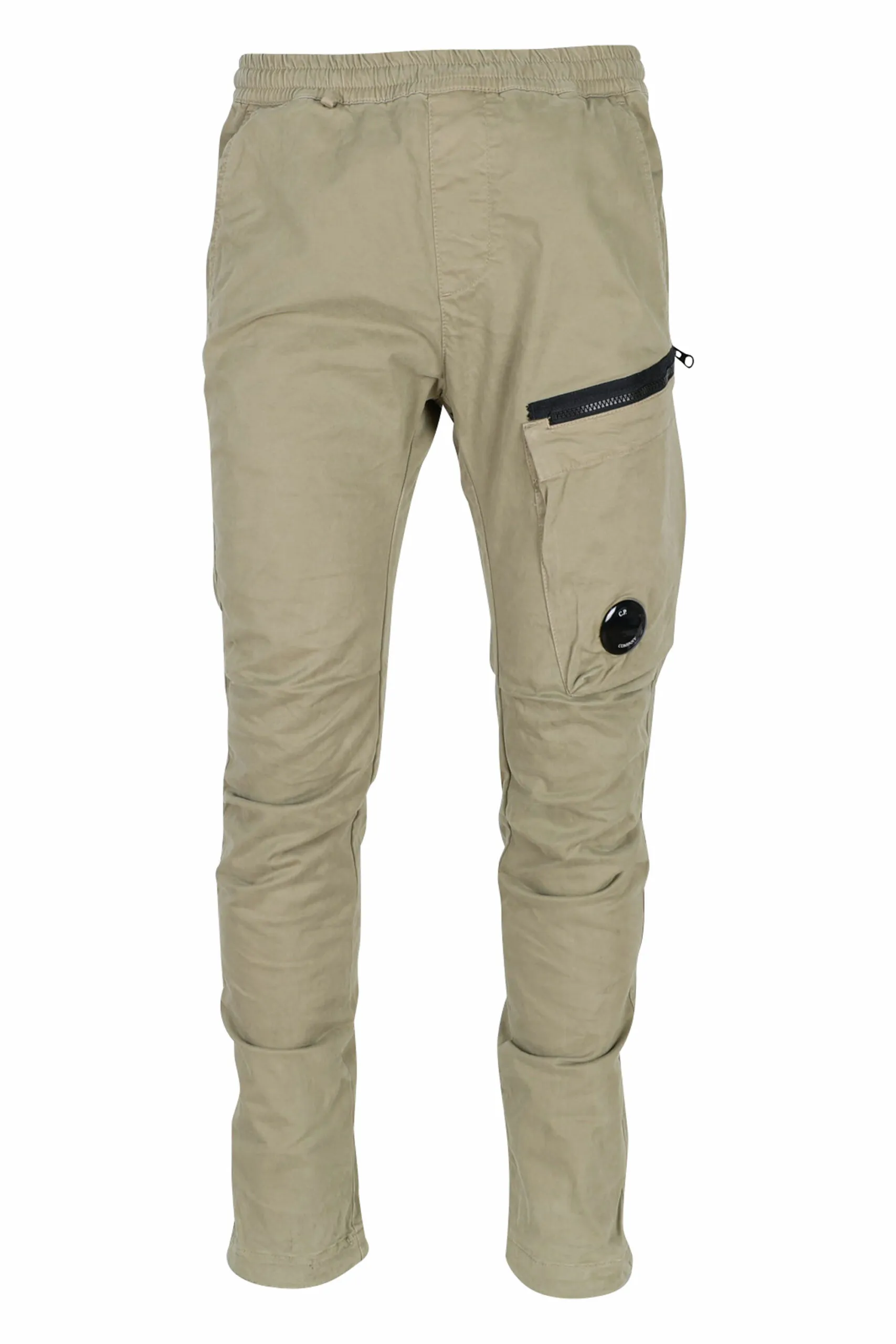 Pantalón beige de satén elástico con bolsillo lateral y logo lente