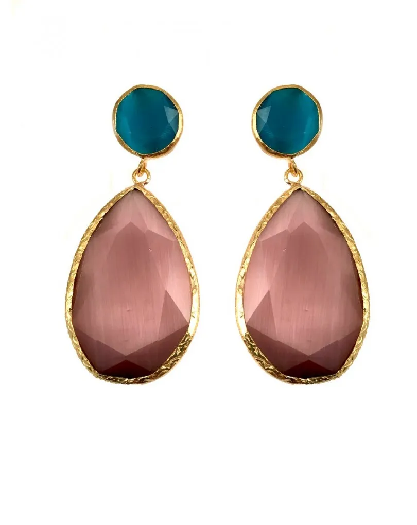PENDIENTES LARGOS PARA BODAS Y FIESTA EN PIEDRA Y FORMA DE LAGRIMA COLOR ROSA Y AZUL CELESTE